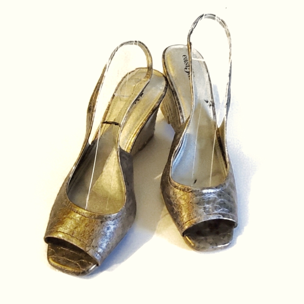 East on 5th Marbled Gold peep toe wedge heels.